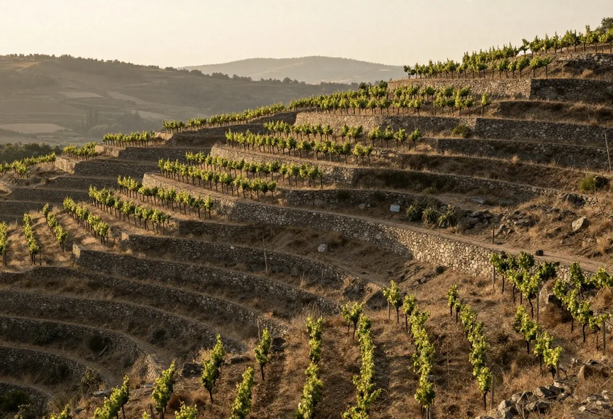Terrazas de viñedos en ladera a la hora dorada