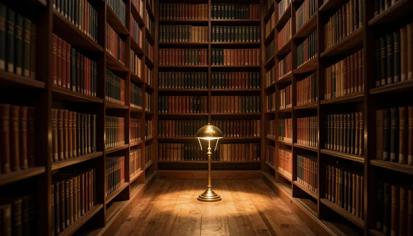 Escritorio de roble bajo lámpara de luz cálida con documentos de análisis patrimonial