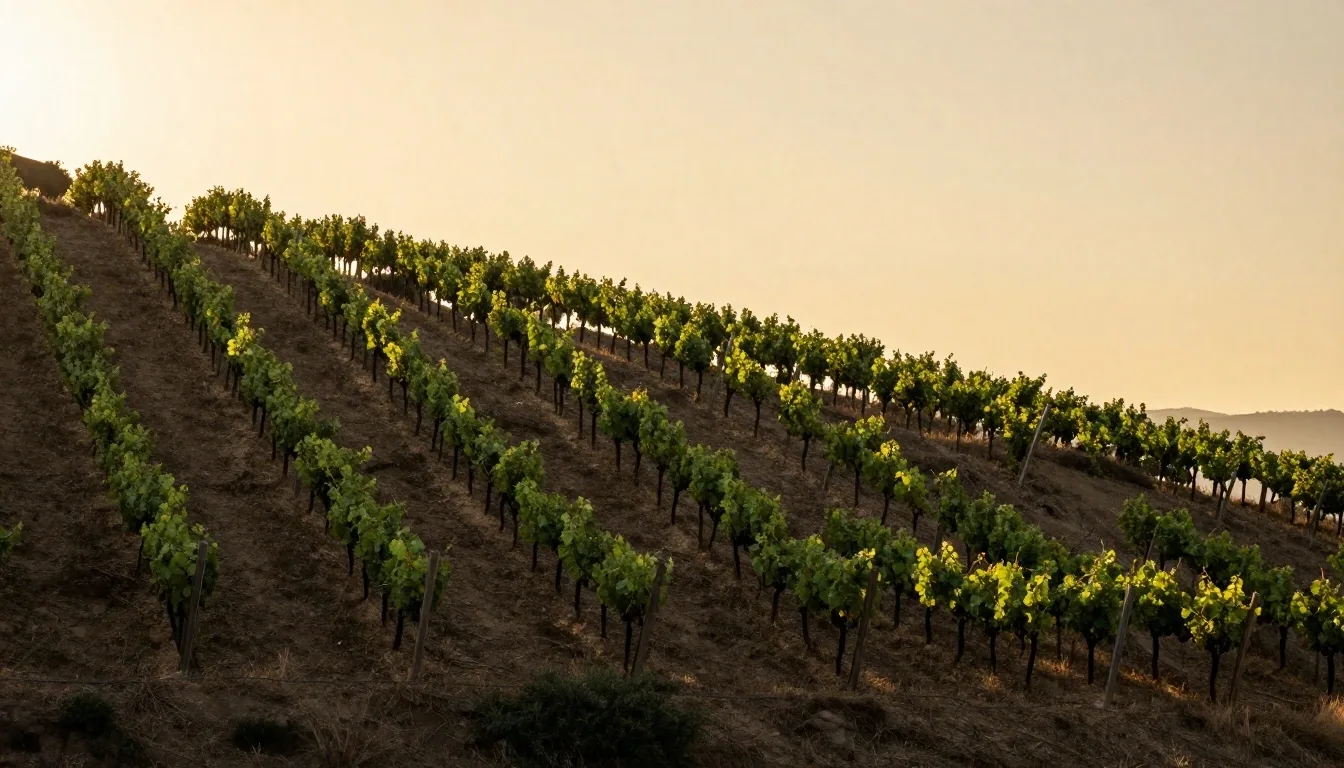 Terraced vineyard slope at golden hour